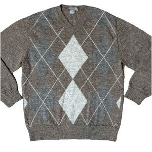 Daniel Cremieux Argyle Alpaca V Neck Sweater Made in Peru Brown M Preppy  (read)